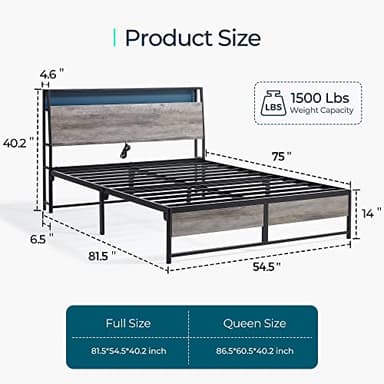 LINSY Queen Bed Frame with Ergonomic Headboard, Platform Metal Bed Frame with RGB Lights, Outlets & Charger, 45 Minutes Fast Assembly Bed Queen Size with Storage, No Box Spring Needed, Greige - Image 2