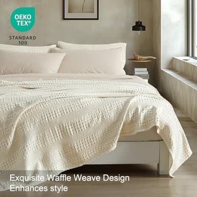 PHF Stone-Washed Cooling Waffle Twin Size Blanket - Lightweight Breathable Summer Blanket, 60% Rayon from Bamboo & 40% Cotton, Luxuriously Soft for Bed & Couch, 66"x90", Almond Milk - Image 3