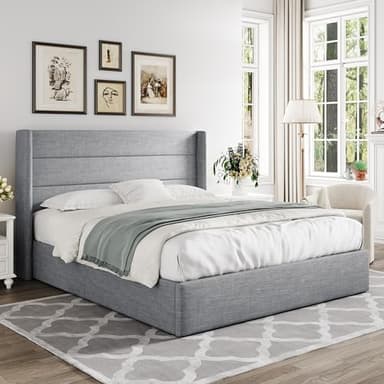 Allewie Queen Size Lift Up Storage Bed, Modern Wingback Headboard, Hydraulic Support, No Box Spring Needed, Light Grey - Image 8