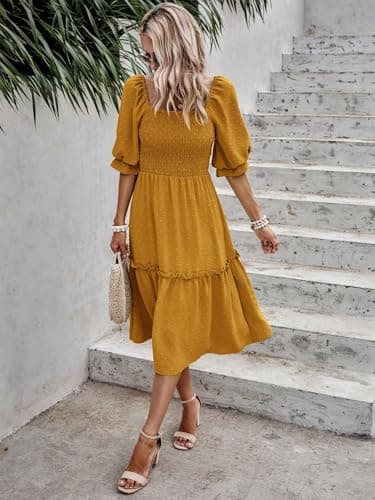 PRETTYGARDEN Women's Summer Casual Midi Dresses 2025 Spring Puff Sleeve Square Neck Smocked A-line Flowy Swiss Dot Beach Vacation Dress (Turmeric,S) - Image 5