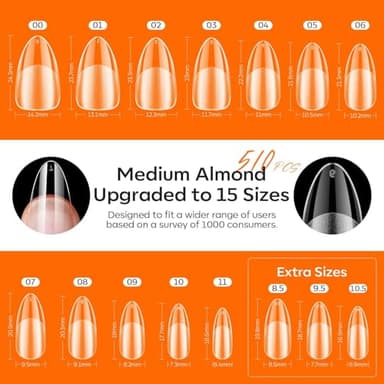 modelones Gel Nail Kit Almond, Upgrade 15Sizes Fake Nails, 9-in-One Glue Dehydrator & Mini U V Light Clipper, 510Pcs Medium Almond Press on Tips for Extension DIY Salon Home Gift - Image 3