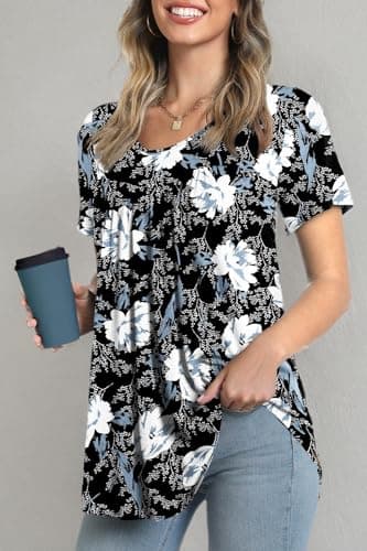 LONGYUAN Plus Size Short Sleeve Tunics Loose Fit Casual Tops for Women Summer Hide Belly Comfy Shirts Blouse Fl X-Large White Lily - Image 5