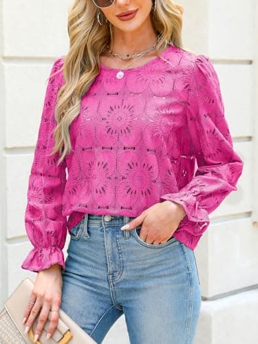 CUPSHE Women Eyelet Long Sleeve Tops Shirts Dressy Hollow Out Crochet Lace Embroidered Blouses 2025 Fashion Top Fuchsia M - Image 4
