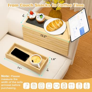 Sofa Arm Tray, 3-in-1 Magnetic Detachable Couch Arm Tray with 360° Swivel Phone/Tablet Holder, Bamboo Couch Cup Holder, Foldable Couch Armrest Table for Drinks, Snacks, Cups, Phones - Image 5