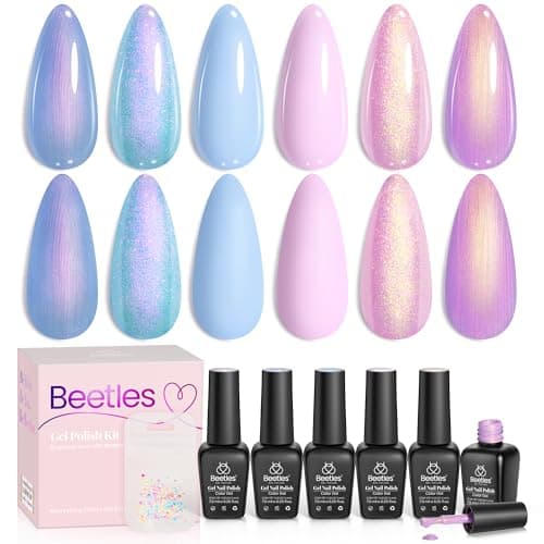 Beetles Shimmer Glitter Gel Nail Polish Set, 6 Colors Pearl Gel Polish Baby Blue Shimmer Baby Pink Glitter Purple Mermaid, Nail Drawing Soak Off Uv Led Swirl Gel Polish Shell Thread Gift for Women - Image 1
