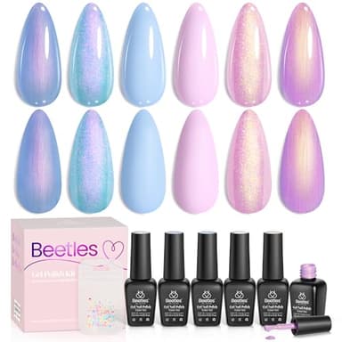 Beetles Shimmer Glitter Gel Nail Polish Set, 6 Colors Pearl Gel Polish Baby Blue Shimmer Baby Pink Glitter Purple Mermaid, Nail Drawing Soak Off Uv Led Swirl Gel Polish Shell Thread Gift for Women - Image 1