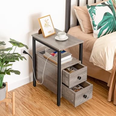 HOOBRO End Table with Charging Station, Narrow Side Table with 2 Drawers & USB Ports & Power Outlets, Nightstand for Small Spaces, Bedroom, Living Room, Stable and Sturdy, Greige and Black BG541BZ01 - Image 2