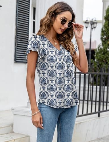 LOMON Summer Dressy Tops for Women 2025 Casual Cute Flutter Sleeve T-Shirts Ladies Trendy Ruffle Short Sleeve Loose V-Neck Peplum Blouses (Blue Ethnic,Medium) - Image 6