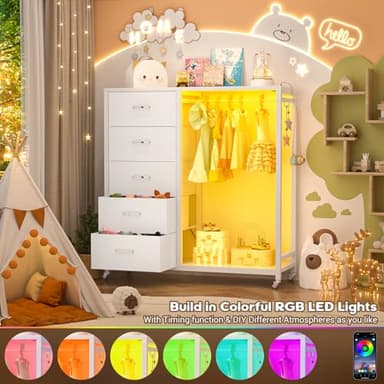 Cyclysio Dresser for Bedroom with Clothes Rack, 5 Fabric Drawers Dresser with Charging Station & LED Lights, White Storage Chest of Drawers with Wheels, Wooden Top, Lockable Wheels, Closet, White - Image 4