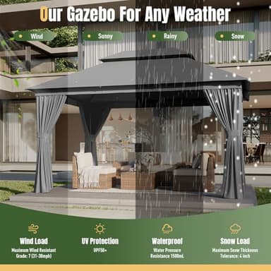AOXUN Outdoor Gazebo for Patio 10x12, Metal Frame Canopy with Double Roofs, Heavy Duty Party Tent and Shelter with Mosquito Netting and Privacy Screen for Backyard, Lawn, Garden,Deck (Gray) - Image 8