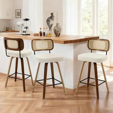 Bekrvio Swivel Counter Height Bar Stools Set of 3, Upholstered Faux Leather Barstools with Rattan Back, 26" Seat Height Bar Chairs for Kitchen Island, Bentwood Wood Frame, Cream White - Image 1