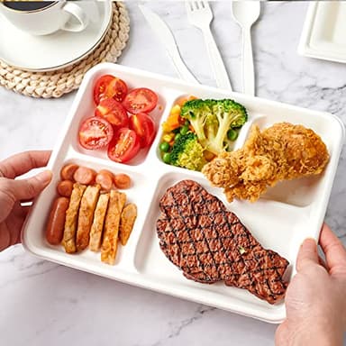 ECOLipak 100% Compostable 5 Compartment Plates, 125 Pack Disposable Paper Plates, Heavy-Duty Biodegradable Sugarcane Plates, Eco-Friendly School Lunch Trays - Image 4