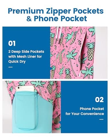 maamgic Mens Swim Trunks with Compression Liner 5" Stretch Beach Shorts Quick Dry with Zipper Pockets No-Chafing Board Shorts Pink-Palm Pineapple L - Image 2
