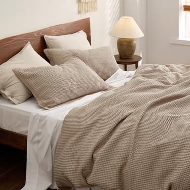 Bedsure Cotton Duvet Cover Queen - 100% Cotton Waffle Weave Warm Sand Duvet Cover Queen Size, GentleSoft™ and Breathable Bedding Set for All Season, 3 Pieces, 90"x90" - Image 3