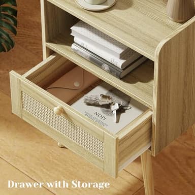 SUPERJARE Nightstands Set of 2, Night Stands with Charging Station & PE Rattan Decor Drawer, Bed Side Tables with Solid Wood Feet, End Table, for Bedroom, Living Room - Natural - Image 5
