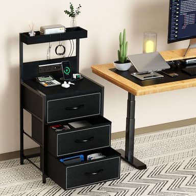 SZLHANJZ LED Nightstand with Charging Station, Night Stand with 3 Drawers and Lights, Storage Side Table with Shelf and Hooks, Tall End Table for Bedside, Bedroom, Modern Black - Image 5