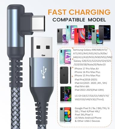 sweguard USB Type - C Fast Charging Cable Right Angle 2-Pack, 6.6FT - Compatible with iPhone 17 16 15 Pro Max,Samsung Galaxy S25 S24 S23 S22 S21 S20 S10 A53, Note Flip Pixel LG Moto More USB C Device - Image 5