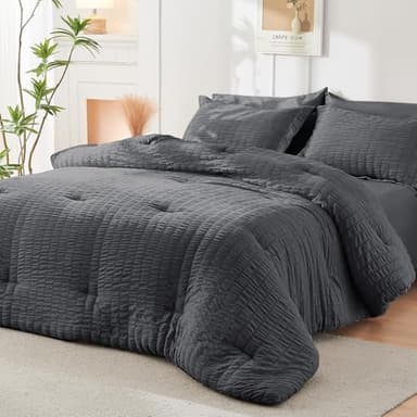 HYMOKEGE 7 Piece King Size Comforter Set Seersucker, All Season Luxury Bed in a Bag for Bedroom, Bedding Set with Comforters, Sheets, Pillowcases & Shams, Dark Grey - Image 8