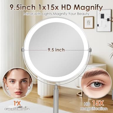 VESAUR 15X Magnifying Mirror with Light, 9.5 Large 5000mAh Rechargeable Double Sided HD Lighted Makeup Mirror with 3 Touch Dimmable Light, 360° Swivel Detachable for Travel Vanity Mirror Nickel, Gifts - Image 2