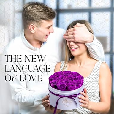 GLAMOUR BOUTIQUE Flower Forever Gift Box 12 Real Preserved Roses in Round Velvet White Box, Handmade, Rose Petals, Birthday, Marriage, Anniversary, Graduation - Purple - Image 4