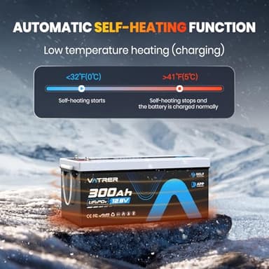 12V 300AH Bluetooth LiFePO4 Lithium Battery with Self-Heating, Built-in 200A BMS, Supports Low Temp Charging(-4°F), 5000+ Cycles, Max 2560W Power, Perfect for RV/Camper and Off-Grid Applications, etc. - Image 2