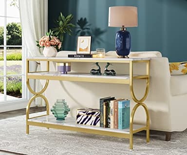 Tribesigns 3-Tier Console Table, 55 inch Sofa Table with Open Storage Shelves, Narrow Long Hallway/Entryway Table with Faux Marble Top for Home Living Room Entryway, White & Gold - Image 4
