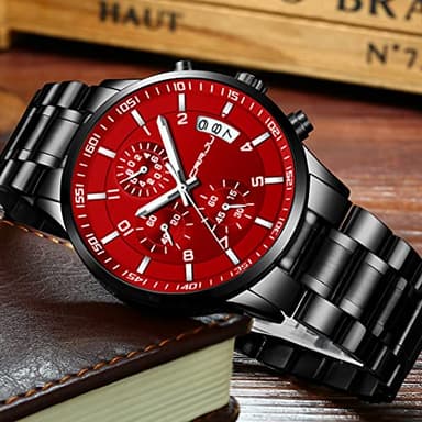 CRRJU Watches Men's Fashion Luxury Stainless Steel Watches Date Waterproof Chronograph Wristwatches,Casual Business Japan Movement Quartz Watch(Black red) - Image 3