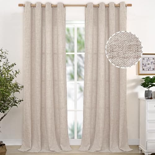 YoungsTex 95 Inches Long Linen Semi Sheer Curtains for Living Room 2 Panels - Light Filtering Drapes with Bronze Grommet Netural Floor Length Window Treatments or Bedroom, 52 X 95 Inch - Image 1