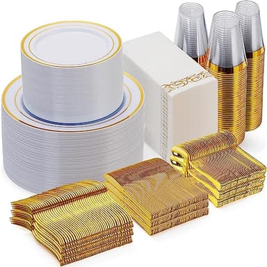 Goodluck 700 Piece Gold Dinnerware Set for 100 Guests, Disposable for Party, Include: 100 Gold Rim Dinner Plates, 100 Dessert Plates, 100 Paper Napkins, 100 Cups, 100 Plastic Silverware Set - Image 1
