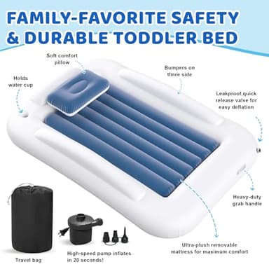 Deeteck Inflatable Toddler Travel Bed - 60 Inches Portable Toddler Bed for Travel with Safety Sides - Cozy Kids Air Mattress Set with High-Speed Pump & Carry Case - Lightweight & Easy to Inflate -Blue - Image 7