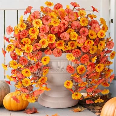 2 PCS Artificial Faux Fall Hanging Flowers Plants for Outdoor Decor,Fake Silk Morning Glory with Eucalyptus UV Resistant Mums for Wall Home Porch Patio Balcony Yard Indoor Decor (Fall Orange+Yellow) - Image 1