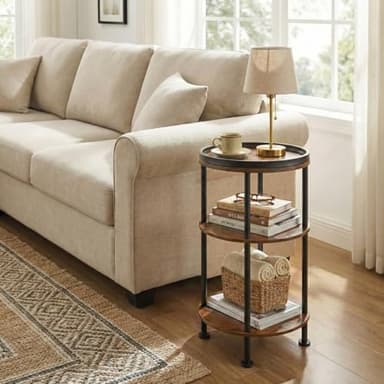 Small Round Side Table with Tray Top (Patented Design), 11.8" Narrow End Table for Small Spaces, 3-Tier Industrial Nightstand, Original Rustic Accent Furniture for Living Room Bedroom, Rustic Brown - Image 5