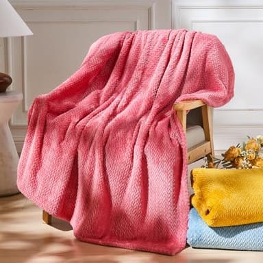 NEWCOSPLAY Super Soft Queen Blanket Coral Pink Premium Silky Flannel Fleece Leaves Pattern Lightweight Bed Blanket All Season Use (Coral Pink, Queen(90"x90")) - Image 2