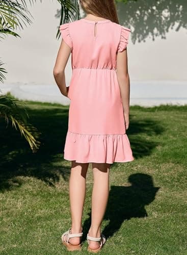 DOKOTOO KIDS Girls Summer Dress Flutter Ruffle Sleeve A-Line Dresses Casual Boho Vacation Sundress Pink 6-7 Years - Image 5