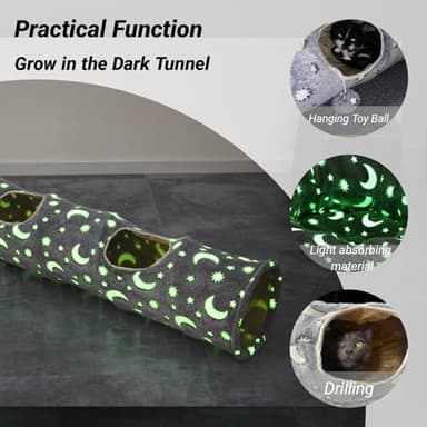 LUCKITTY Cat Tunnel Tube with Plush Ball Toys Collapsible Self-Luminous Photoluminescence, for Small Animals Pets Bunny Rabbits, Kittens, Ferrets,Puppy and Dogs Grey Moon Star - Image 4