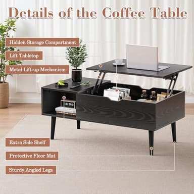 OLIXIS Wooden Coffee Table, Lift Top Coffee Table with Large Hidden Compartment and Ample Storage Shelf, Lift Tabletop Dining Table for Living Room, Home Small Space, Charcoal - Image 7