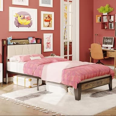 LIKIMIO Twin XL Bed Frames, Storage Headboard with Charging Station, Solid and Stable, Noise Free, No Box Spring Needed, Easy Assembly (Walnut and Beige) - Image 5