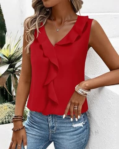 Gaharu Sleeveless Blouse Tops: Dressy Casual Chiffon Shirt - V Neck Ruffles for Office Wear Under Blazers - Fashion Women Essentials Red M - Image 4