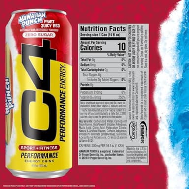 C4 Energy Drink, Hawaiian Punch Fruit Juicy Red, Carbonated Sugar Free Pre Workout Performance Drink with no Artificial Colors or Dyes, 16oz Pack of 12 - Image 2