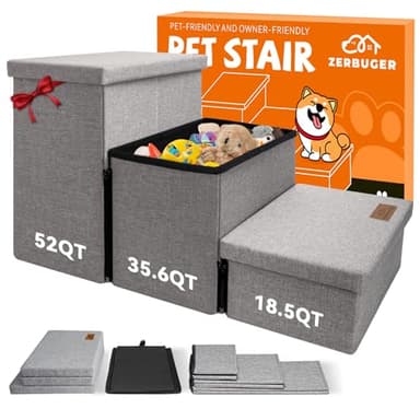 Zerbuger Wider Dog Stairs with Storage 18" H, 3-Step Sturdy Dog Steps for Large/Medium/Small Older Senior Dogs Cats, Folding Pet Stairs Climbing Bed or Couch, Arthritis-Friendly (Gray, No Condo) - Image 1