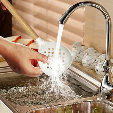 Silicone Cooking Utensils Set - 446°F Heat Resistant Silicone Kitchen Utensils for Cooking,Kitchen Utensil Spatula Set w Wooden Handles and Holder for Non-Stick Cookware, BPA FREE (Cream White) - Image 2