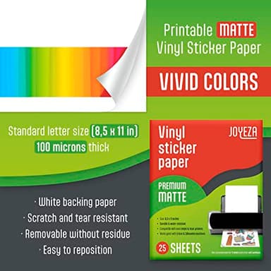 JOYEZA Premium Printable Vinyl Sticker Paper for Inkjet Printer - 25 Sheets Matte White Waterproof, Dries Quickly Vivid Colors, Holds Ink well- Tear Resistant - Inkjet & Laser Printer - Image 2