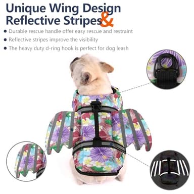 Petglad Wings Dog Life Jacket Adjustable Dog Life Vest with Chin Float Reflective Stripes and Rescue Handles, High Buoyancy Hawaiian Floral Puppy Swim Float Vest for Small Medium Large Dogs - Image 4