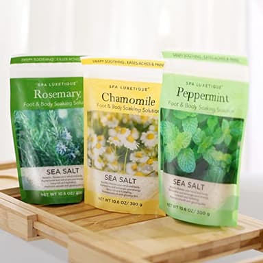 spa luxetique Bath Salts Gift Set 6-Pack, Foot and Body Sea Salts for Soaking, Wooden Scooper, 0.5oz Argan Oil, Bath Salts for Women Relaxing, Mother's Day Gifts for Mom - Image 8