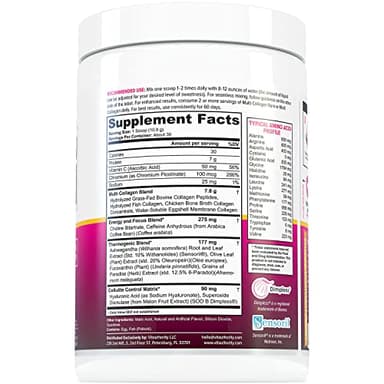 Multi Collagen Burn: MultiType Hydrolyzed Protein Peptides with Hyaluronic Acid, Vitamin C, SOD B Dimpless, Types I, II, III, V and X, with Caffeine 30 Servings Tropical Punch Flavored - Image 3
