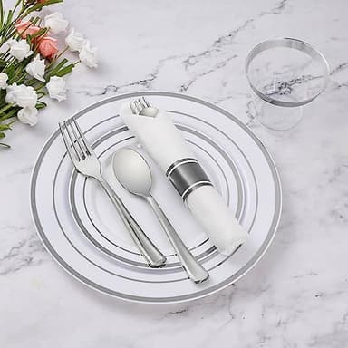 Goodluck 350 Piece Silver Plastic Dinnerware Set for 50 Guests, Fancy Disposable Plates for Party, Include: 50 Dinner Plates, 50 Dessert Plates, 50 Pre Rolled Napkins with Silver Silverware, 50 Cups - Image 2