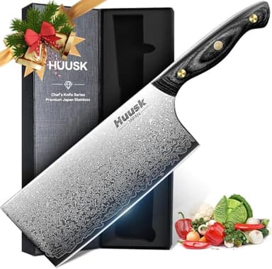 Huusk Damascus Cleaver Knife 7 inch, VG10 Butcher Knives for Meat Cutting, Kitchen Knives with Wood Handle for Chopper Vegetables, Hand Forged Chooping Knives, Birthday Dad Mom Gift - Image 1