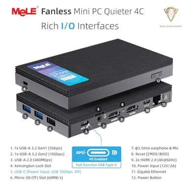 MeLE Mini PC Quieter 4C - 12th Gen N100, Fanless PC, 32GB Memory, 512GB Storage,with Windows 11 Pro, 2.4/5G Wi-Fi, Full-Functional USB-C, 4K Triple Display Desktop - Image 8