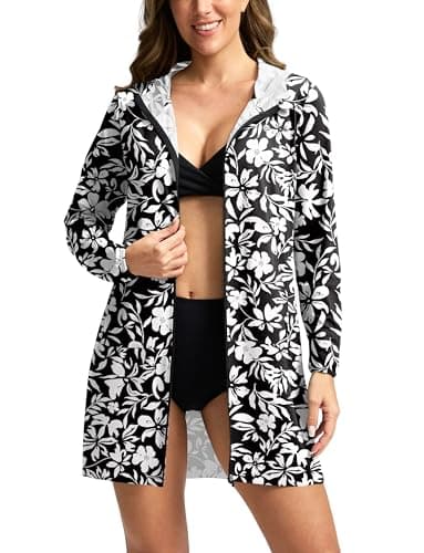 G Gradual Women's UPF 50+ Swim Cover Up Sun Protection Hoodie Long Jacket SPF Lightweight Beach Cover Ups for Women(White Flower,L) - Image 1