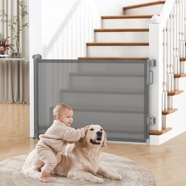 Cideny Retractable Baby Gate for Stairs, 55" Wide Mesh Dog Gate Indoor, 34'' Tall Child Gate for Doorways, Hallways, Deck, Indoor Outdoor Pet Baby Safety Essentials for Home, Grey - Image 1